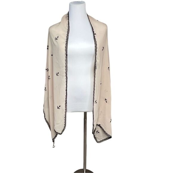 Linear Scarf Anchor Nautical Wrap Shawl‎ Cream Lace Black Gold Charm 69"x20" - Picture 2 of 7